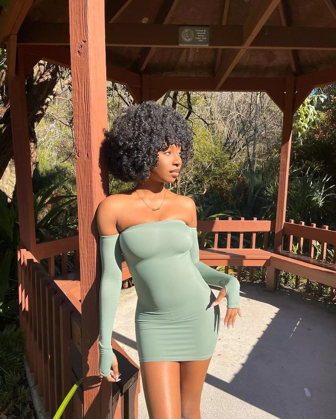 Woman with a curly afro and bangs wearing a green off-the-shoulder dress.