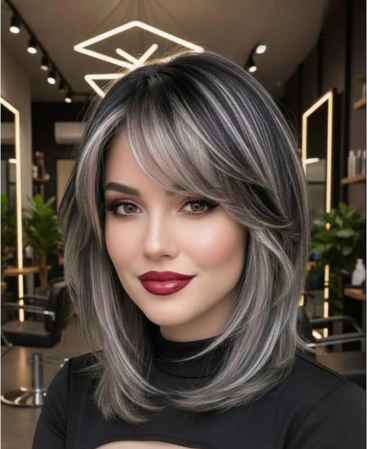 Woman with ashy silver blonde and charcoal hair in a modern salon setting