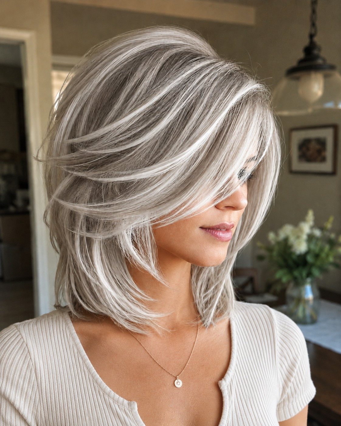 Woman with layered platinum ash blonde hair wearing a cream ribbed top.