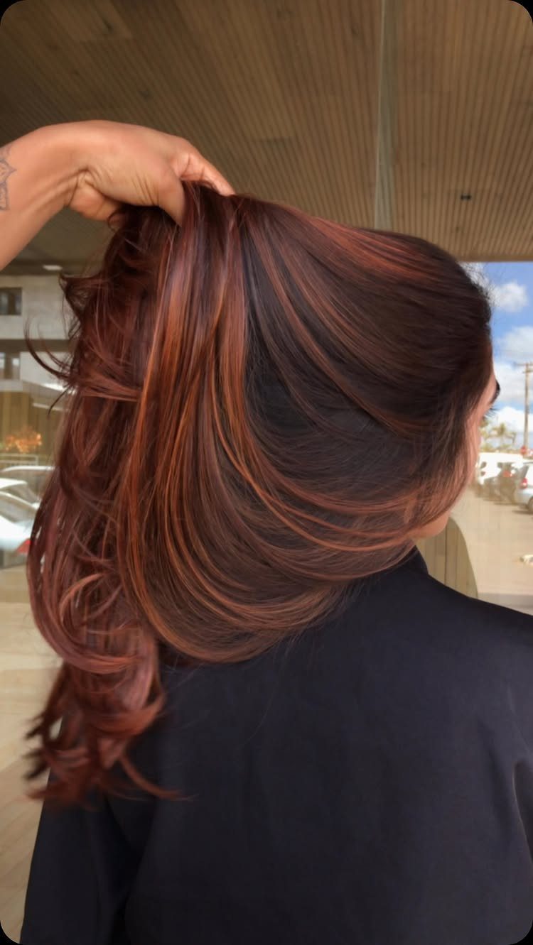 Long wavy auburn and brown hair with dimensional highlights seen from behind.