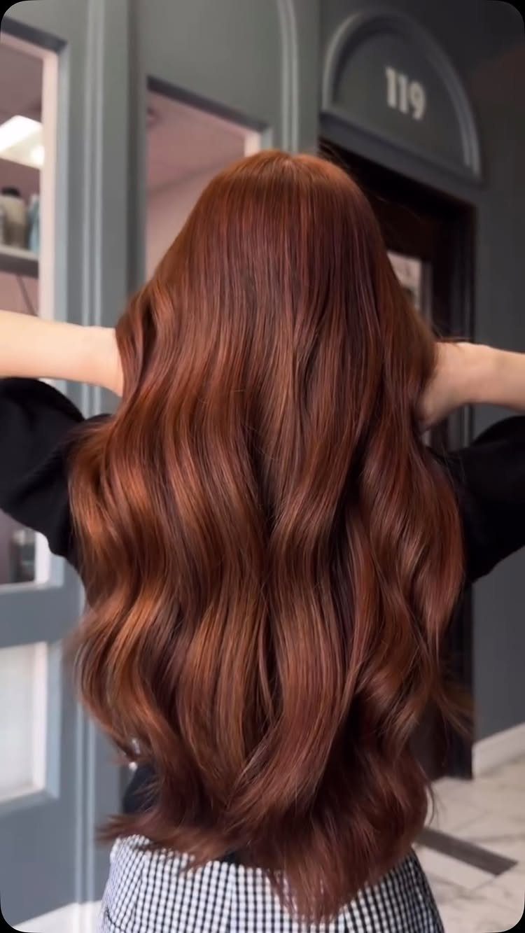 Long wavy auburn brown hair shown from the back in a grey room.