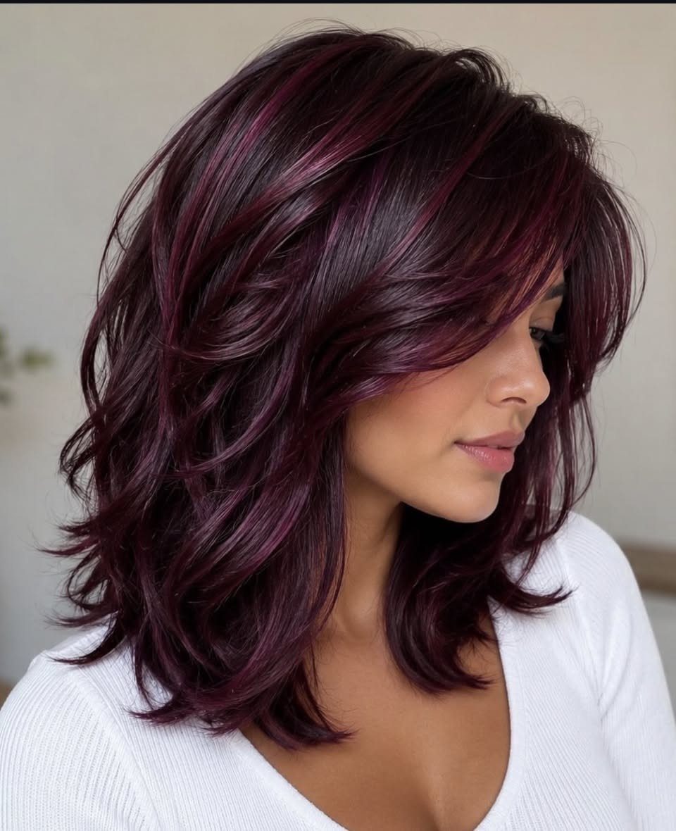 6 Auburn Burgundy Hair Ideas for Every Length and Style 2 Woman with shoulder-length wavy hair featuring rich auburn and burgundy highlights.