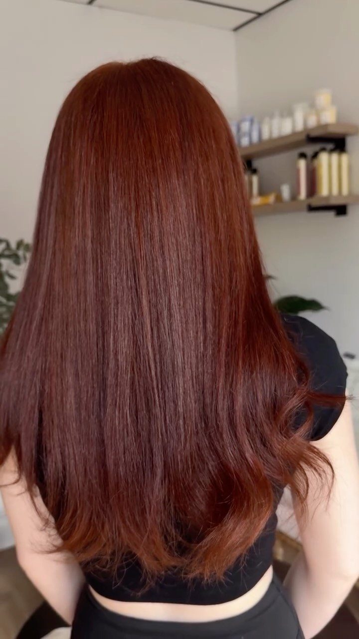 6 Auburn Burgundy Hair Ideas for Every Length and Style 1 Long straight deep burgundy hair seen from behind in a bright room.