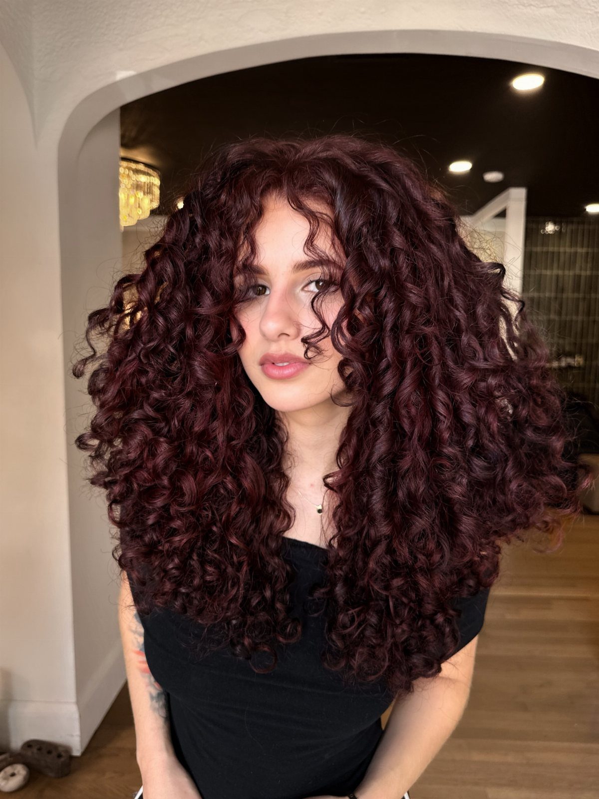 6 Auburn Burgundy Hair Ideas for Every Length and Style 5 Woman with long voluminous deep burgundy curly hair posing in a room