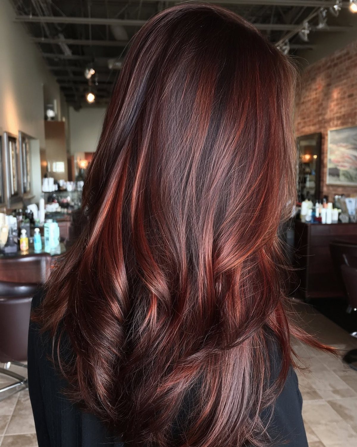6 Auburn Burgundy Hair Ideas for Every Length and Style 3 Long wavy auburn burgundy hair styled with soft curls in a salon setting
