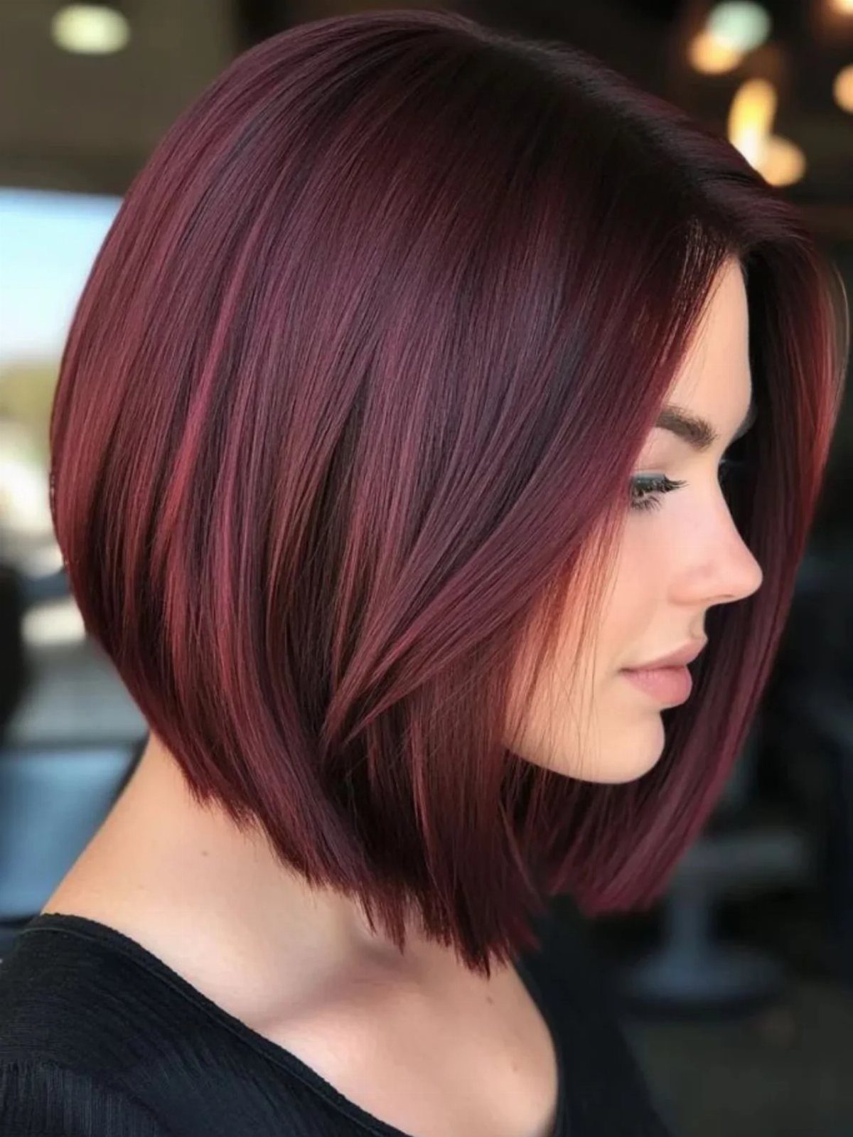 6 Auburn Burgundy Hair Ideas for Every Length and Style 4 Woman with a shoulder-length auburn burgundy bob haircut in a side profile view.