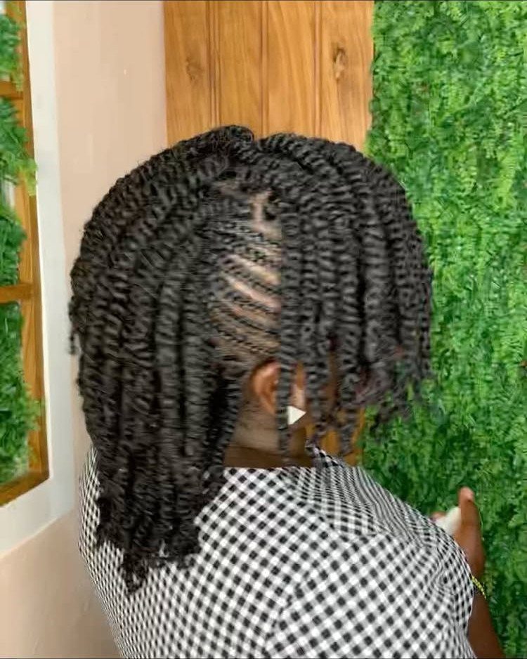 Person with black two-strand twists hairstyle wearing a checkered shirt against green foliage.