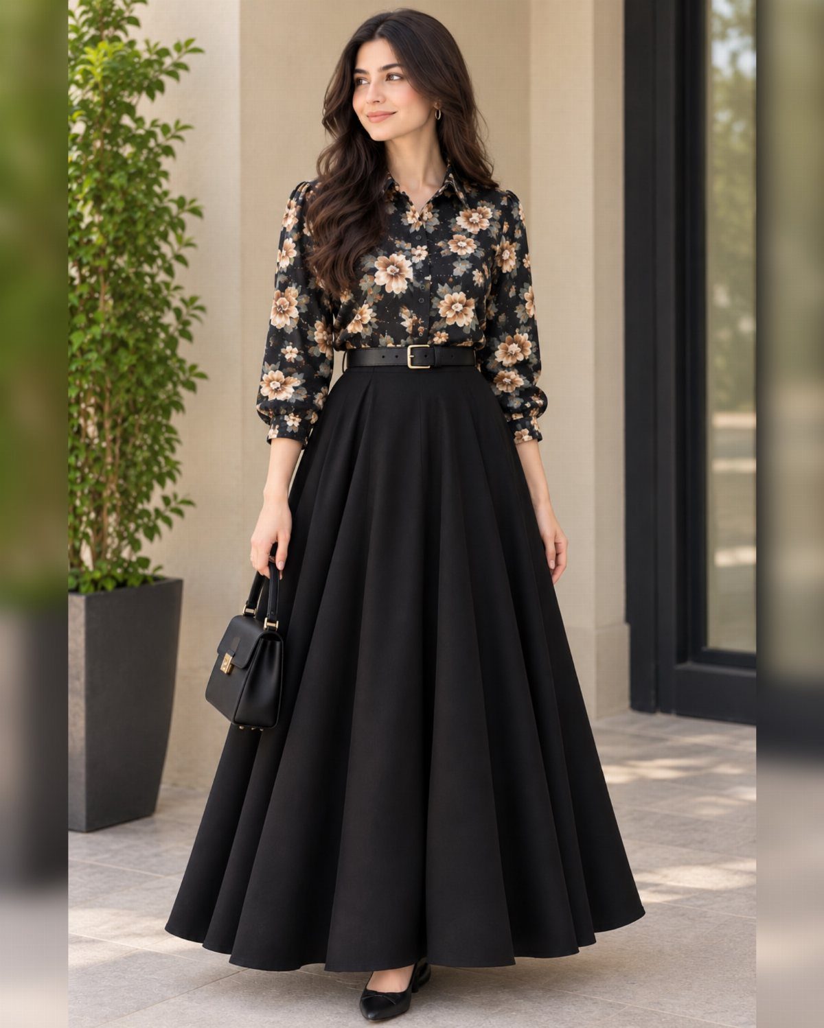 Woman in a black floral blouse and long black maxi skirt holding a handbag.