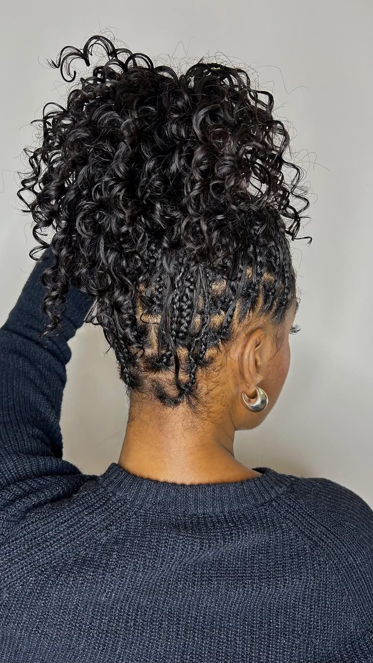 Woman with black braided hair styled into a high curly ponytail from behind.