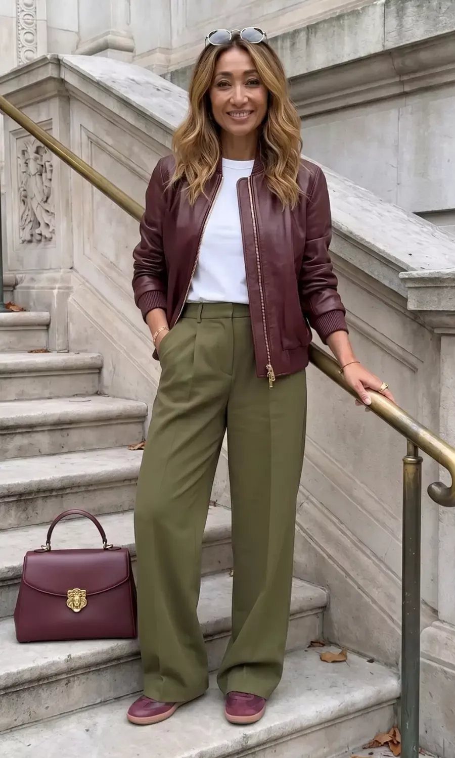 Woman wearing a brown leather jacket and olive green wide-leg trousers on stone stairs