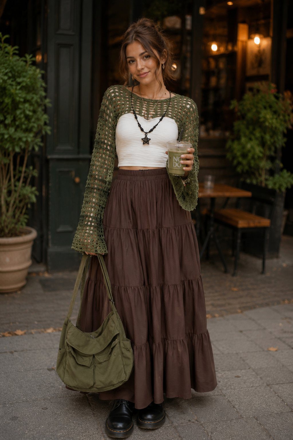 Woman wearing a brown tiered maxi skirt, white top, and olive green cardigan.
