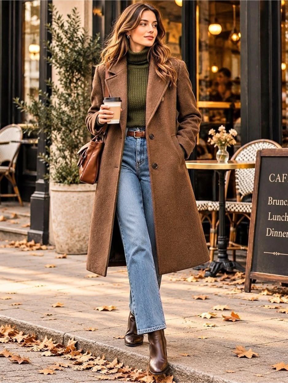 Woman wearing a brown wool coat and olive green turtleneck on autumn street