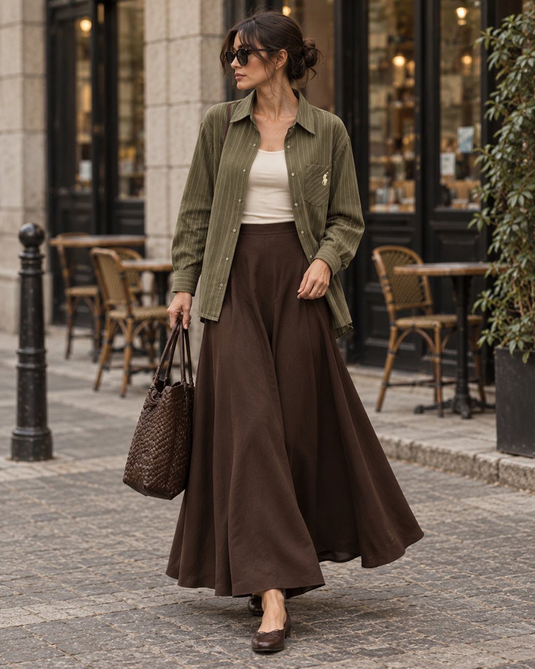 Woman wearing olive green shirt and long brown maxi skirt on city street