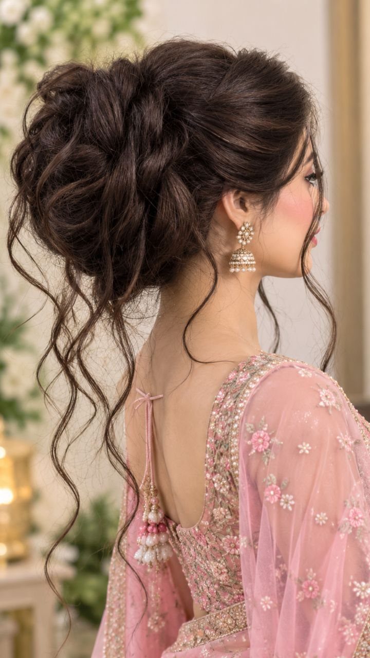 16 Bun Hairstyles for Homecoming: Updos, Braids and More 15 Woman with a voluminous curly high bun hairstyle and pink embroidered traditional dress.