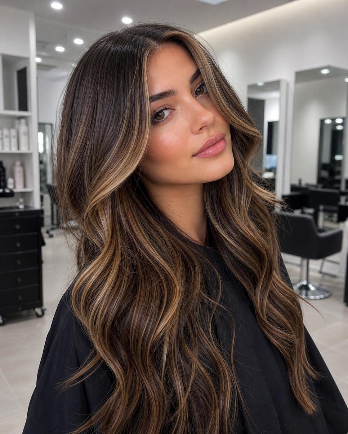 Woman with long wavy brown hair and bright caramel face-framing highlights in salon