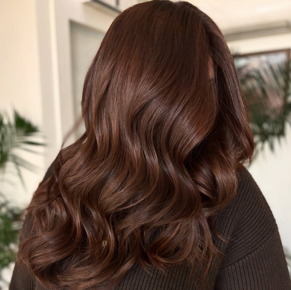 Long wavy chocolate brown hair with caramel highlights seen from the back