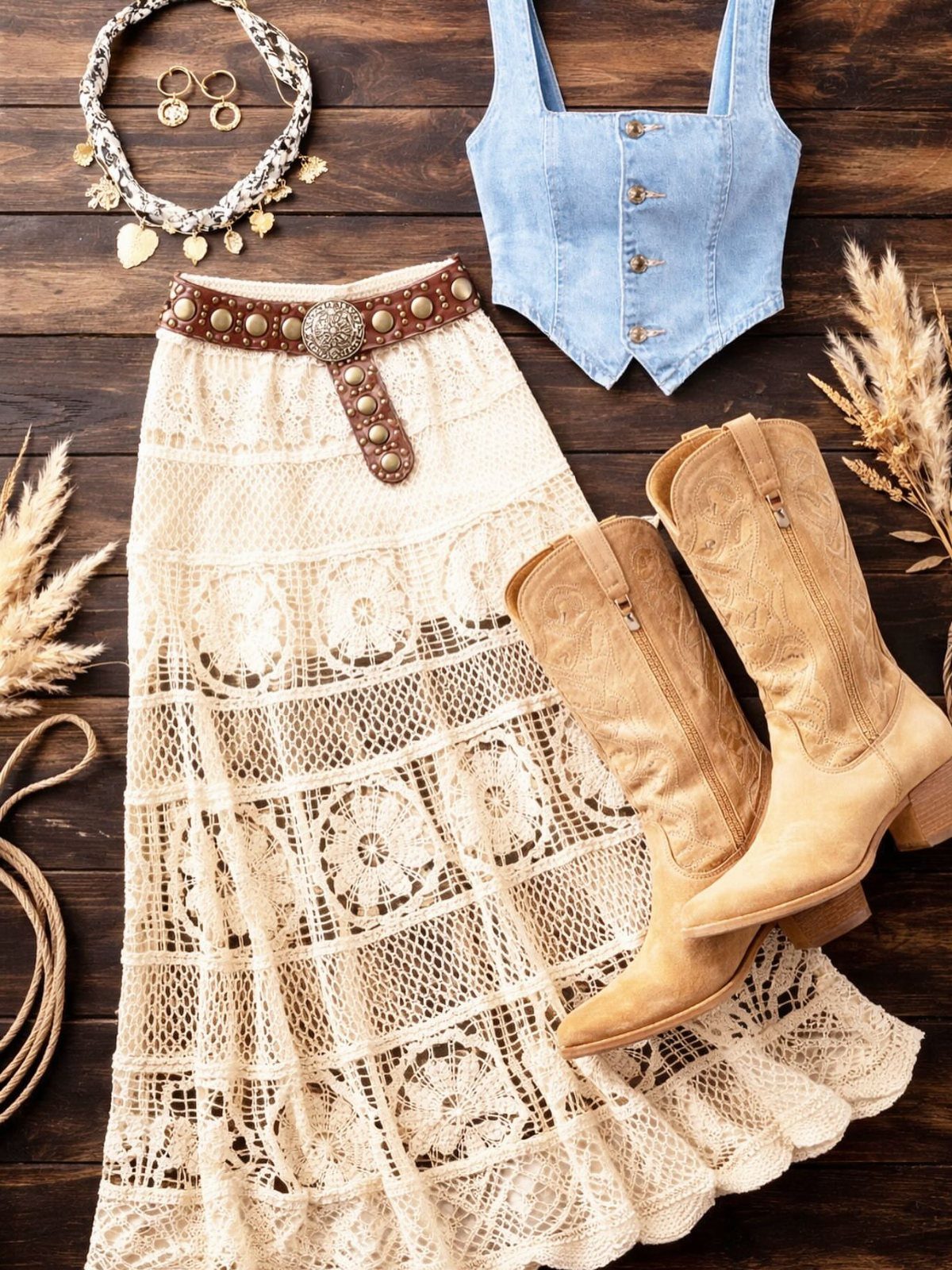Cream crochet lace skirt, blue denim top, and tan cowboy boots on wood.