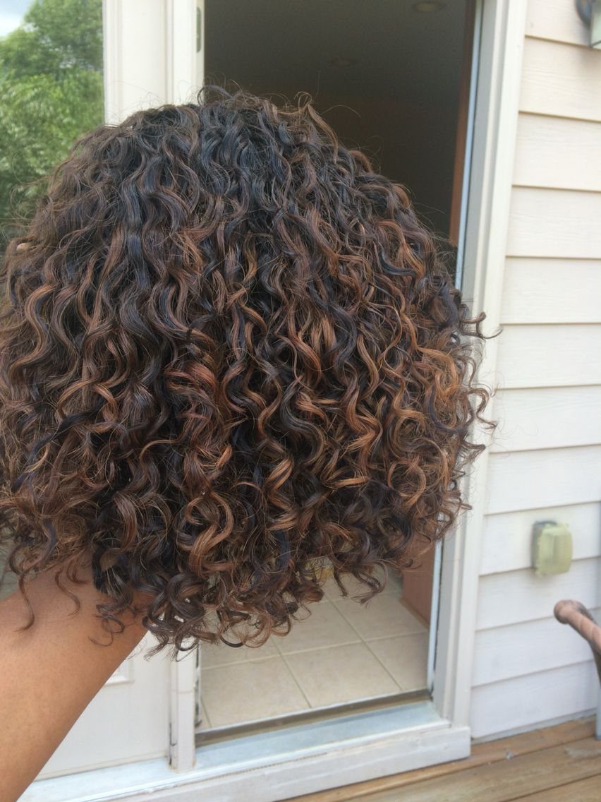 Shoulder-length curly brunette hair with honey-blonde highlights and textured layers from behind.