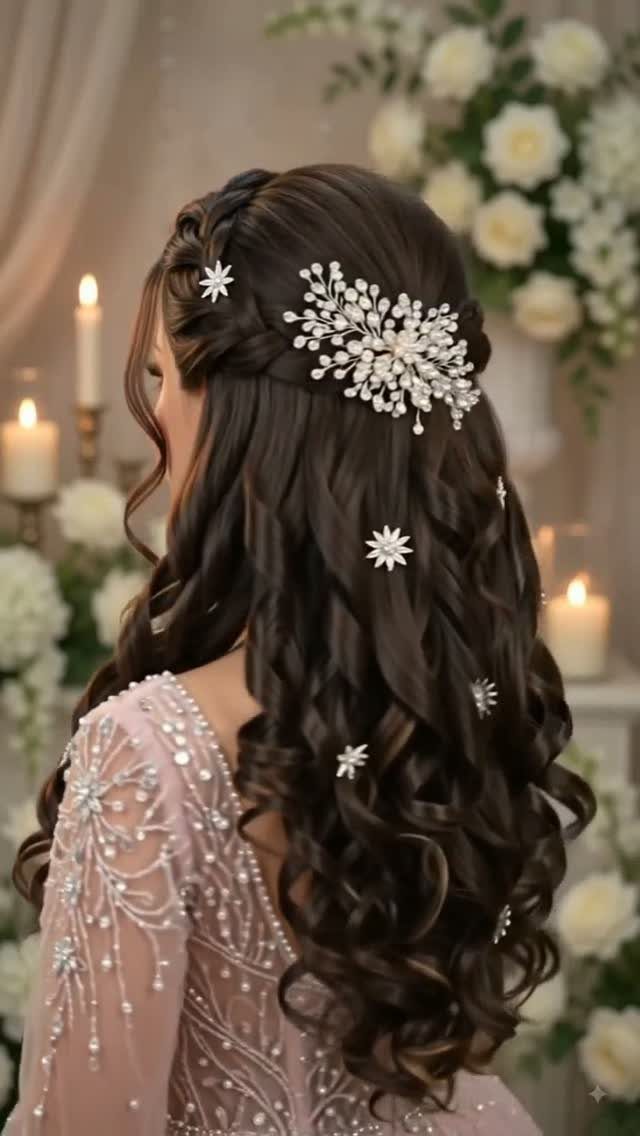 13 Curly Hair Half Up Styles with Braids, Twists and Puffs 11 Woman with curly brown hair in a half-up style with crystal hair accessories.