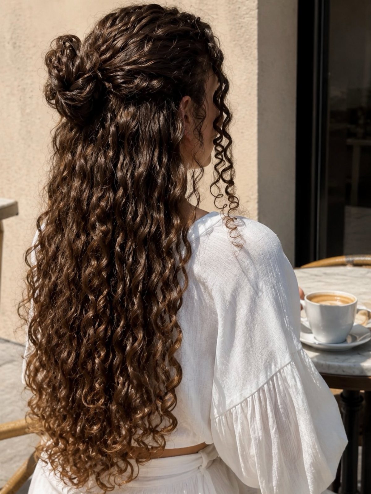 13 Curly Hair Half Up Styles with Braids, Twists and Puffs 9 Woman with long curly brown hair in a knotted half-up hairstyle wearing white.