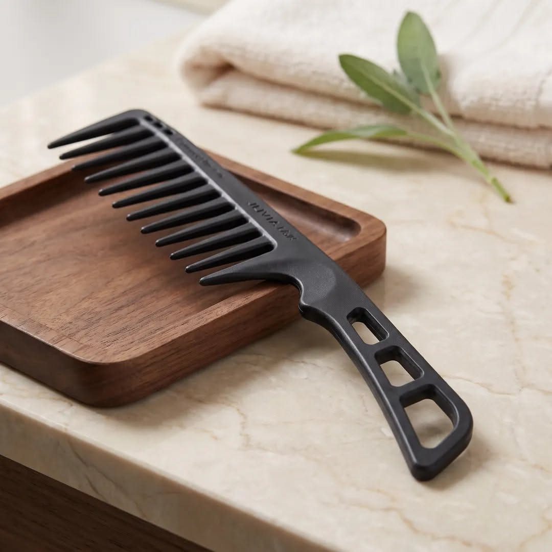 Black wide-tooth comb on a wooden tray atop a white marble surface.