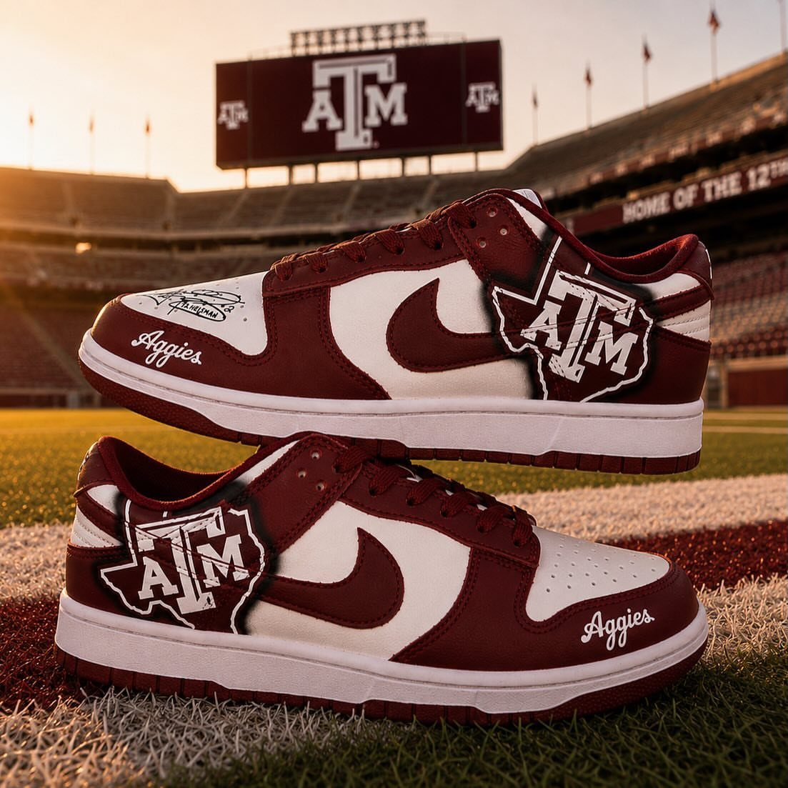 Custom Nike High Tops: 5 Ideas for Your Next Pair 1 Maroon and white custom Jordan 1 sneakers with Texas A&M logos on football field