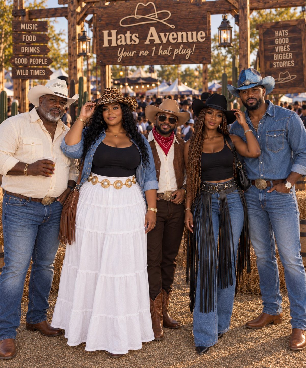 9 Cute Cowboy Outfits with Boots, Denim and Western Flair 7 Five people in Western clothing wearing cowboy hats and decorative Western belts outdoors.