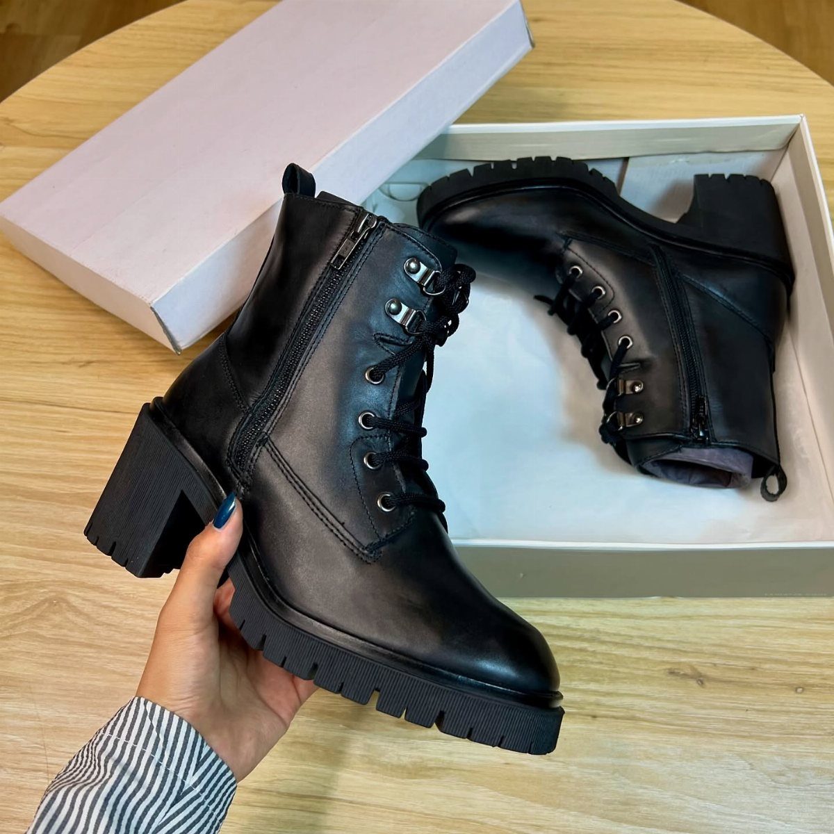 Cute Going Out Shoes to Wear Tonight: 7 Ideas for Women 5 Black leather lace-up boots with chunky block heels and thick lug soles.