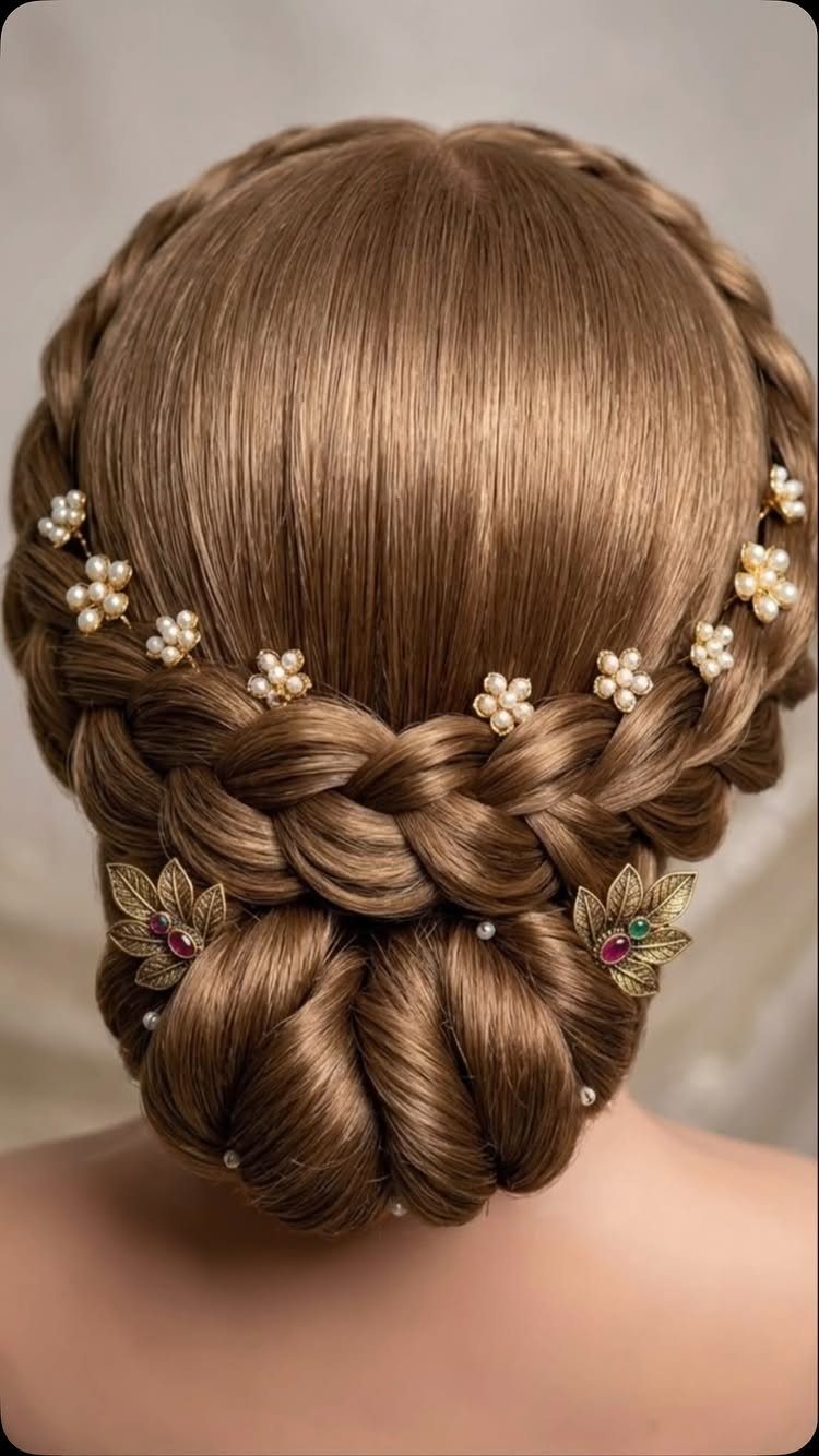 Intricate braided bun in light brown hair decorated with pearl flowers and gold leaves.
