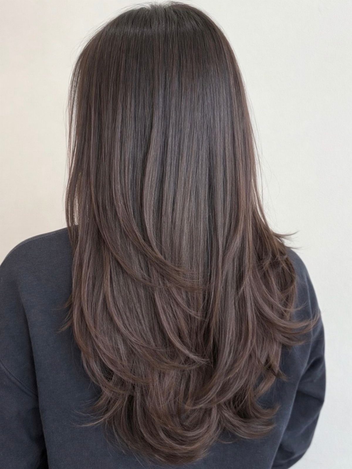 Long dark brown hair with cascading layers and flicked ends from behind.