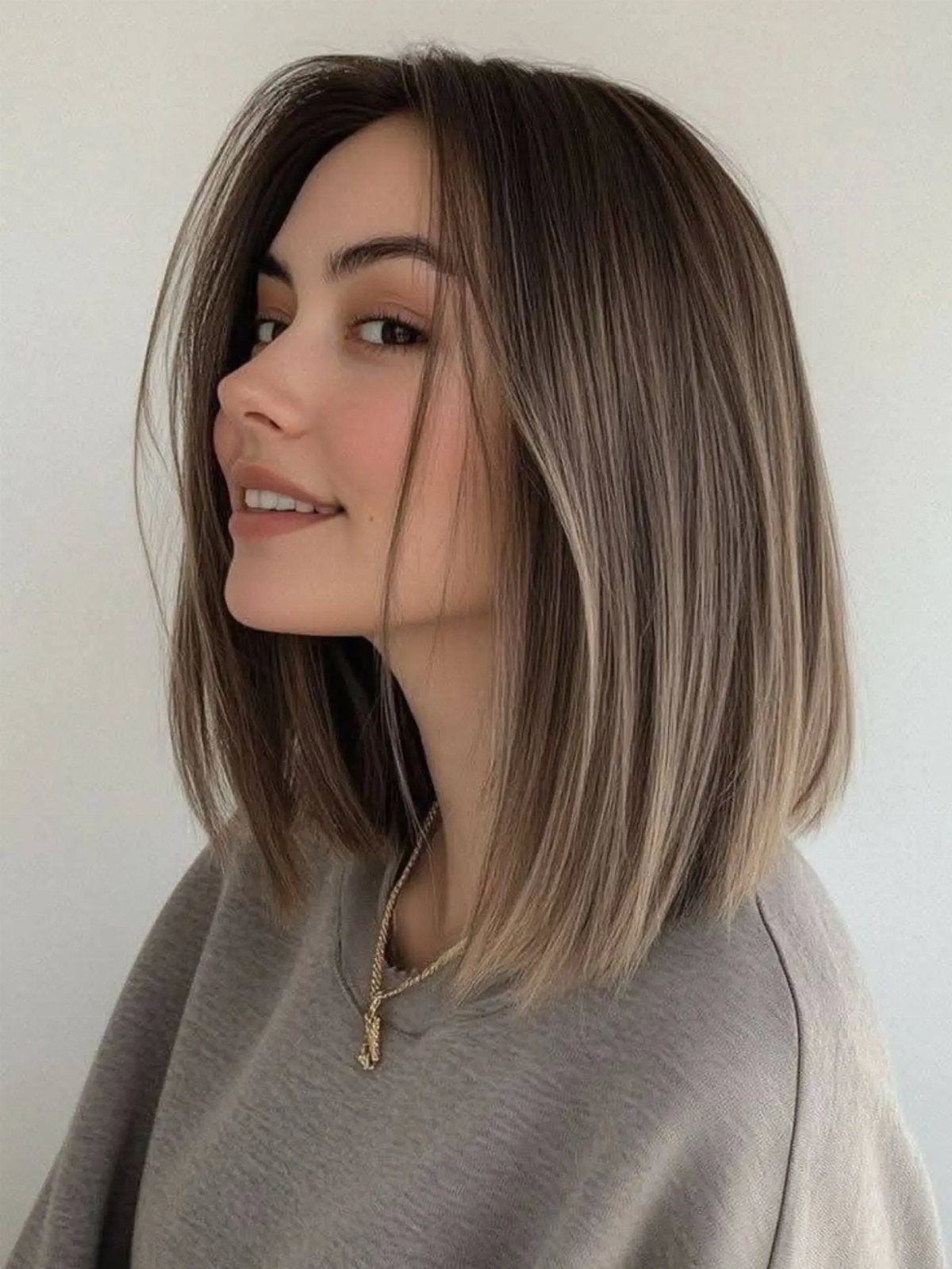 Woman with a voluminous brown and blonde Italian bob haircut and grey sweatshirt.