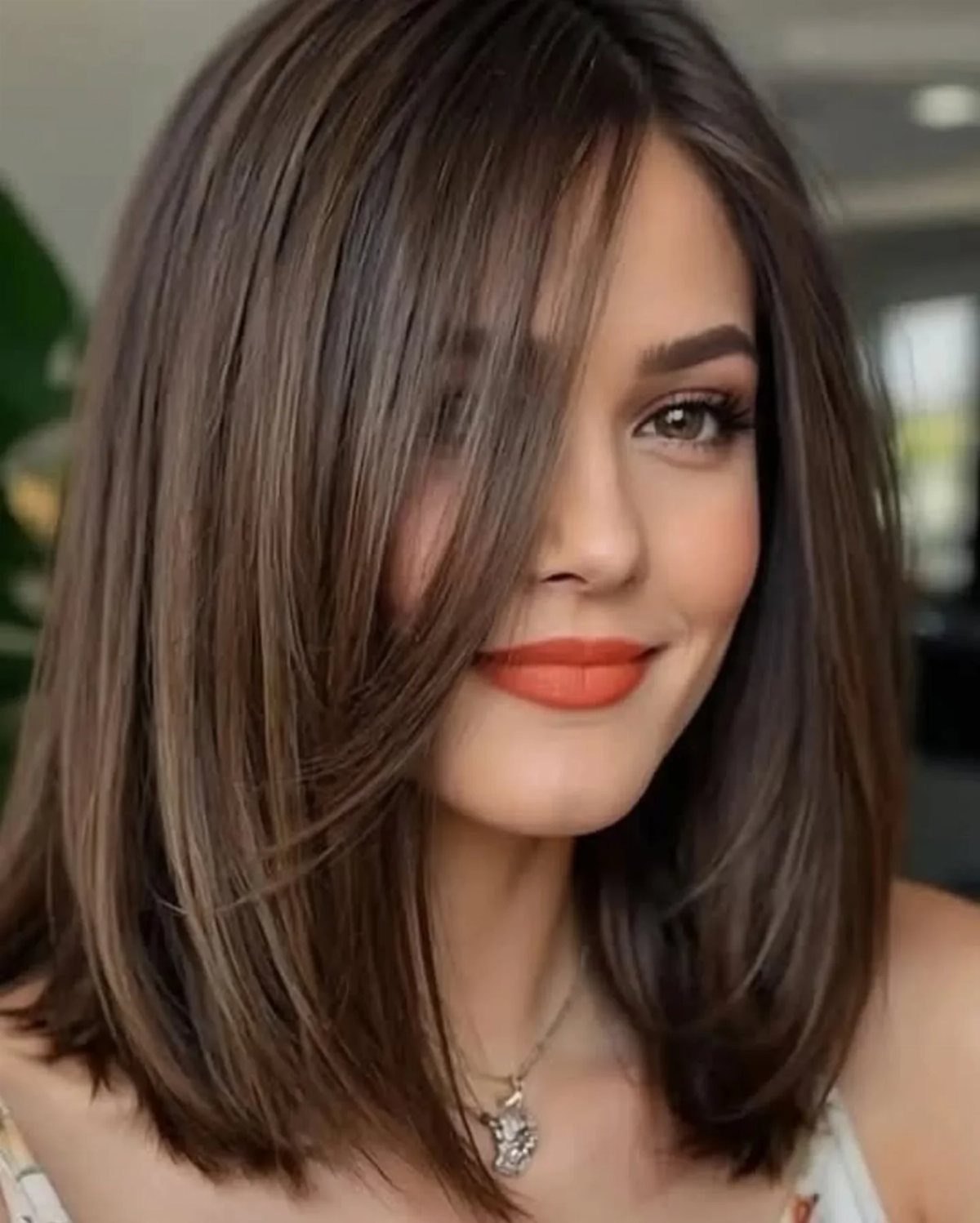Woman with a sleek, shoulder-length brown lob haircut and orange-red lipstick.