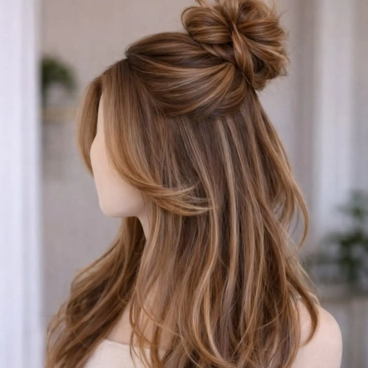 Woman with long wavy brown hair styled in a messy top bun
