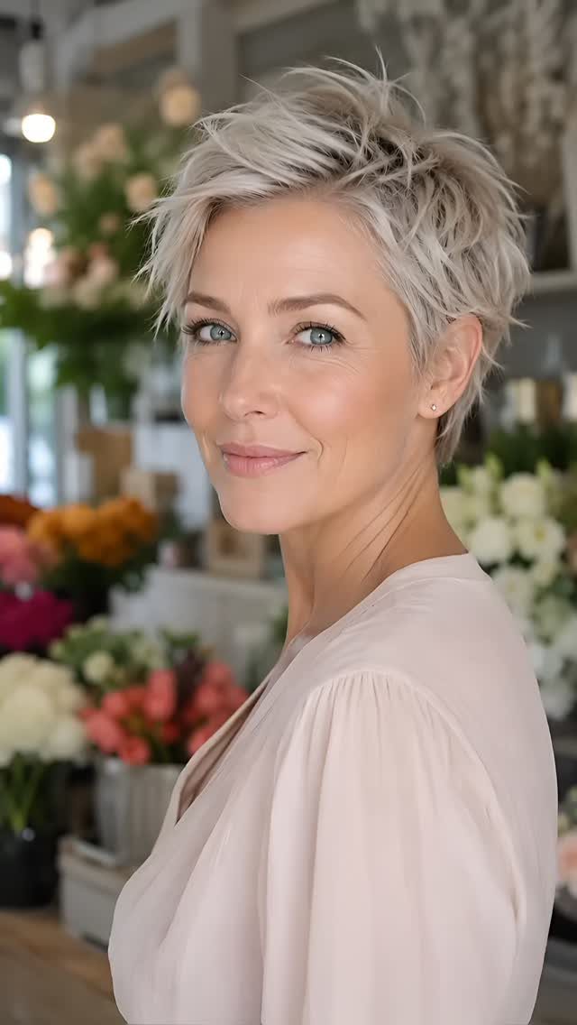 Woman with a textured blonde pixie cut posing in a flower shop