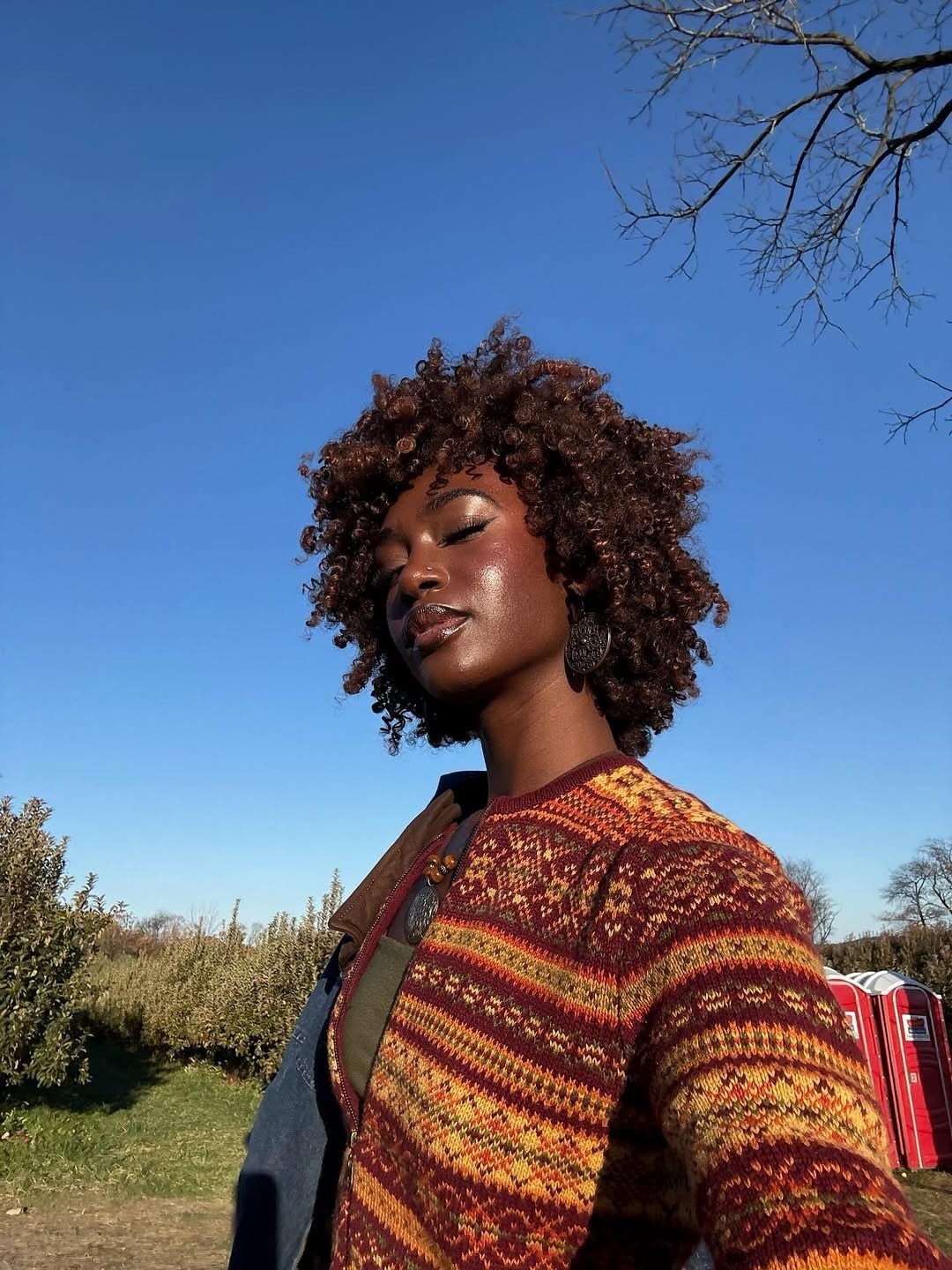 Woman with defined, curly reddish-brown 4c hair wearing a patterned knit sweater outdoors.