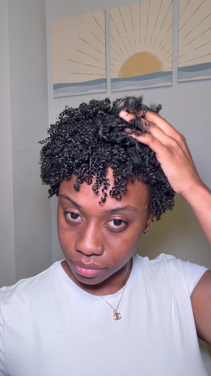 Woman with short, defined 4C curly black hair wearing a white t-shirt.