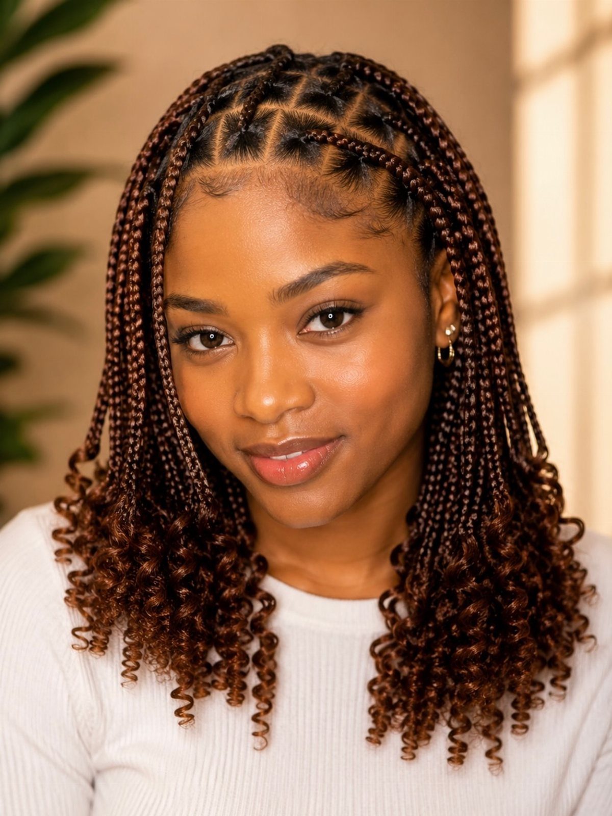 Woman with brown box braids featuring curly ends and square scalp parting.