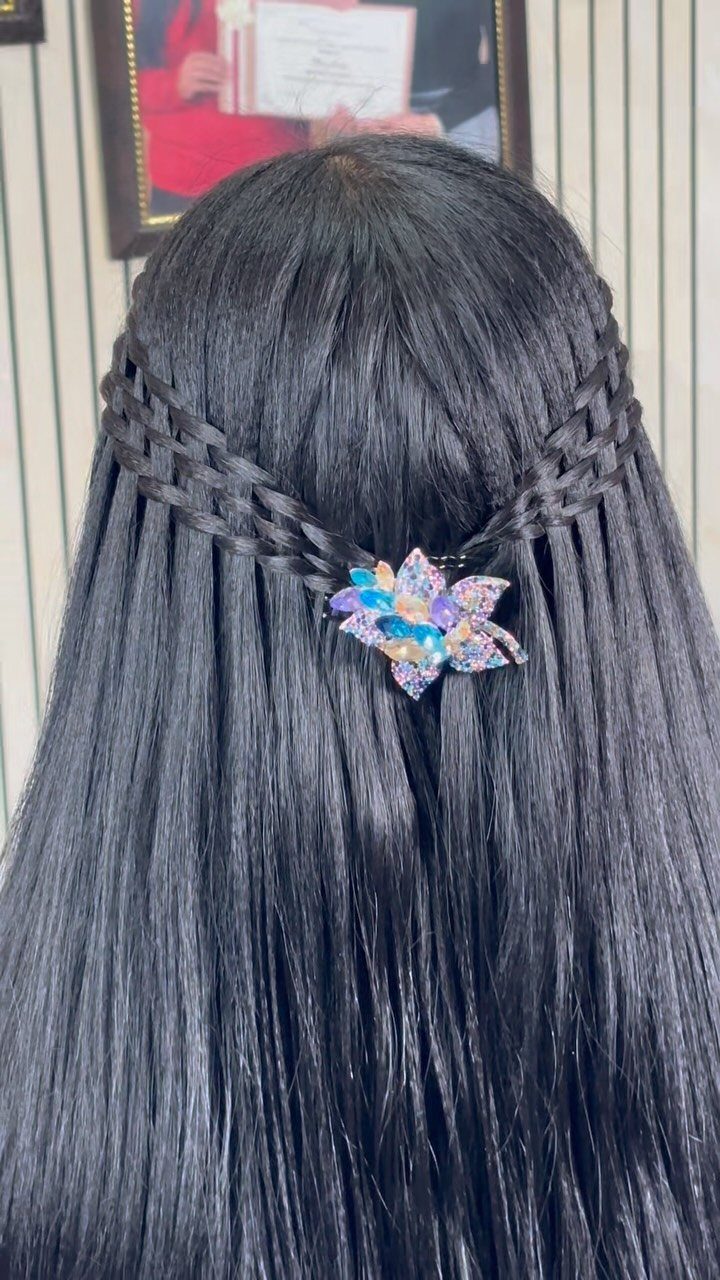 Long straight black hair with a thin braid wrapped around and a floral clip.