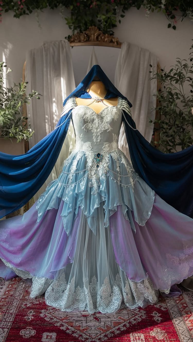 Voluminous blue and purple fairy gown with a deep blue hooded cape