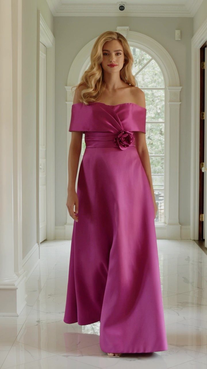 Woman in a magenta satin off-the-shoulder prom dress standing in a white hallway.