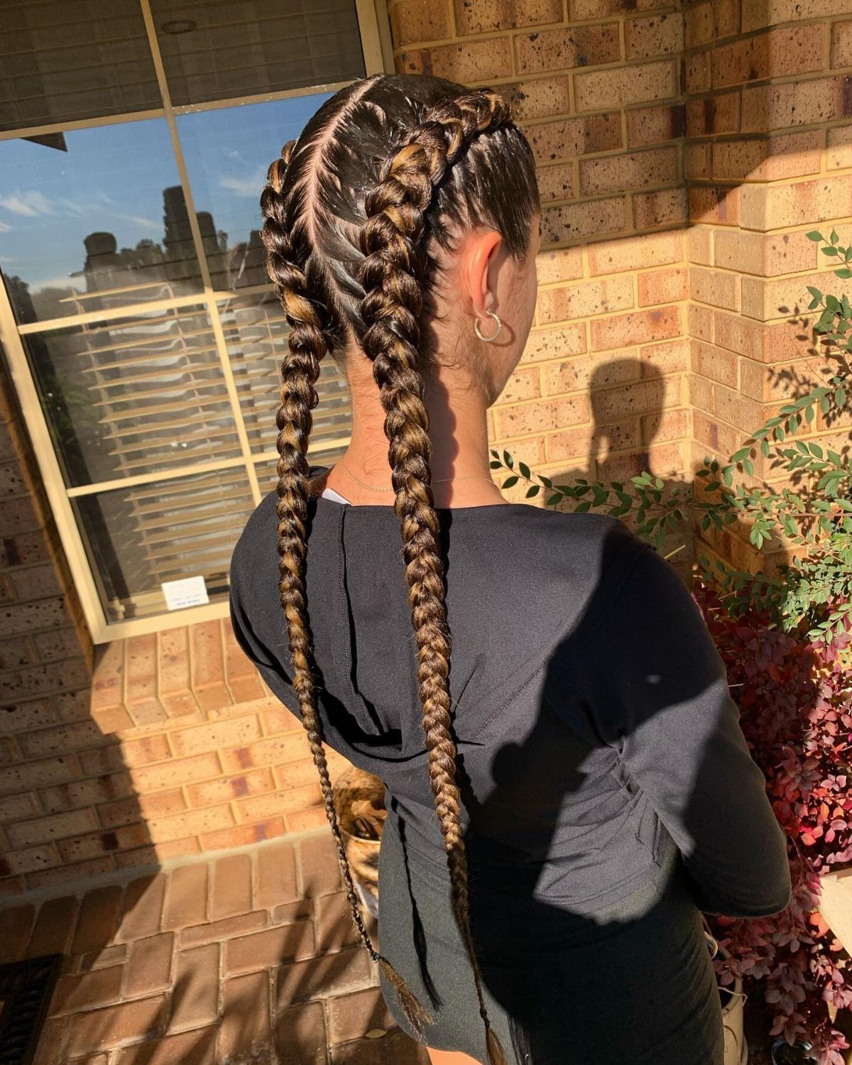 Two long Dutch braids on brown hair, seen from behind against brick wall.