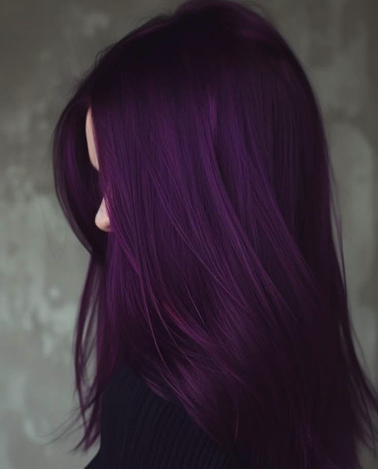 Long, straight purple hair with a high-gloss shine on a person's head.