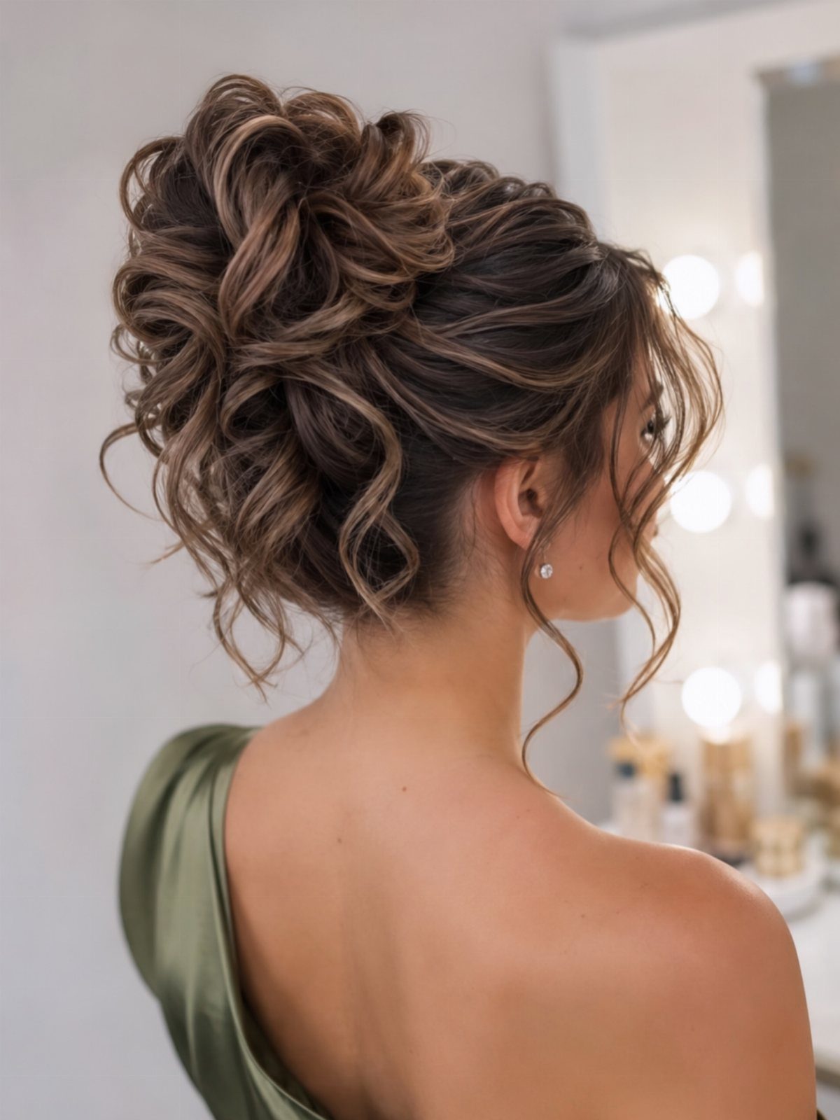 Woman with brown hair in a voluminous messy bun and loose curls.