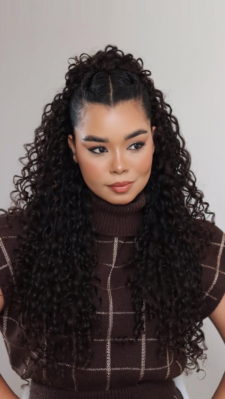 Woman with long dark curly hair in a half-up half-down ponytail hairstyle.