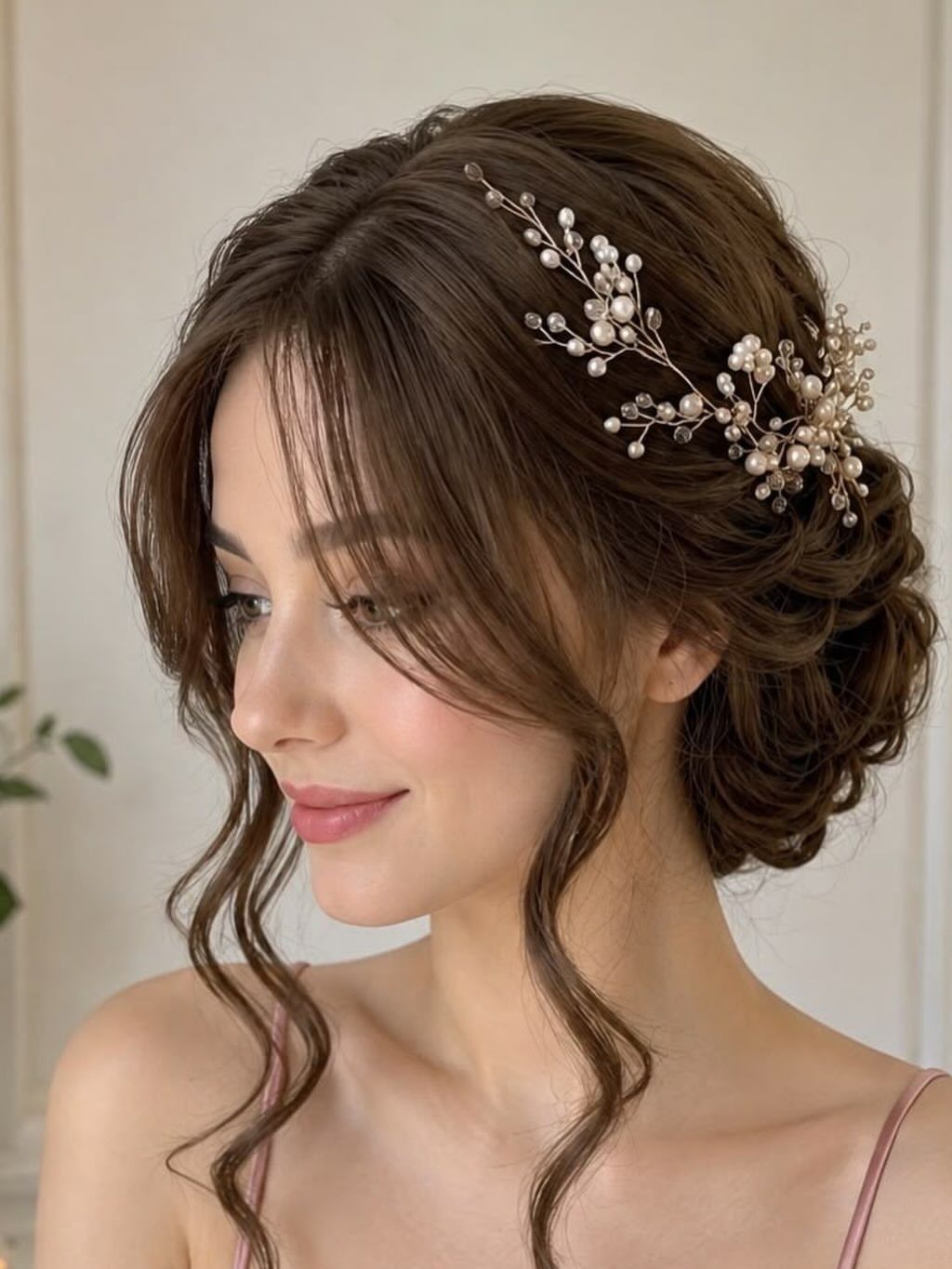 Woman with an elegant low bun hairstyle adorned with a pearl hairpiece