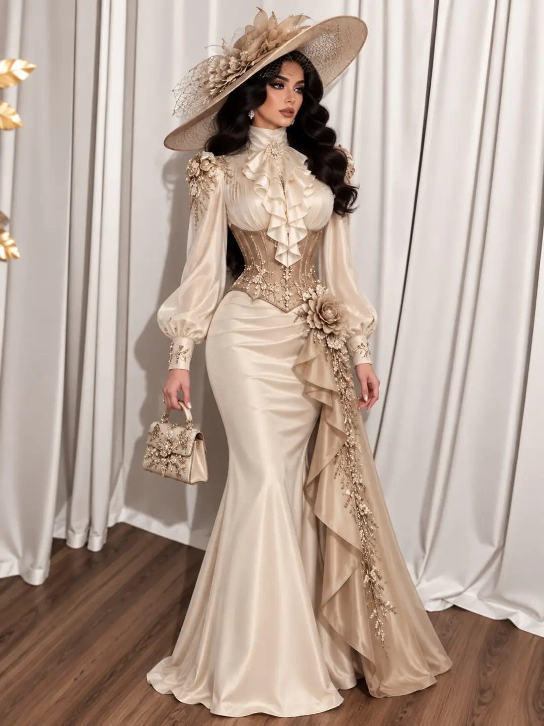 Woman in a champagne satin hourglass evening dress with a wide-brimmed hat.