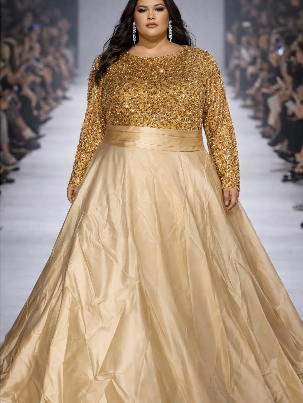 Plus-size woman wearing a gold sequined and satin evening gown on a runway