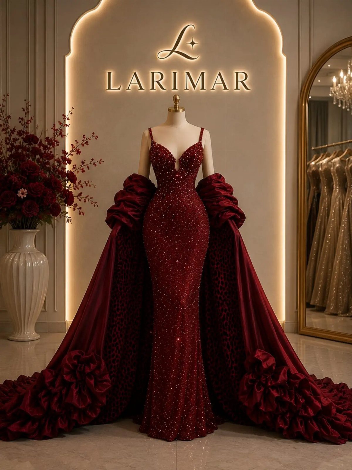 Red sparkling mermaid evening gown with a large train on a mannequin