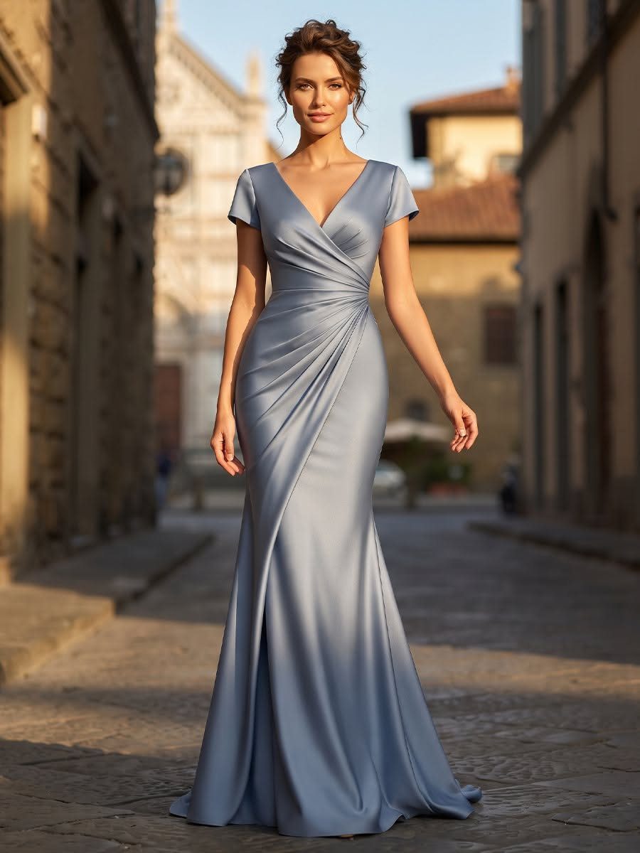 Woman in a shimmering light blue satin evening dress on a cobblestone street