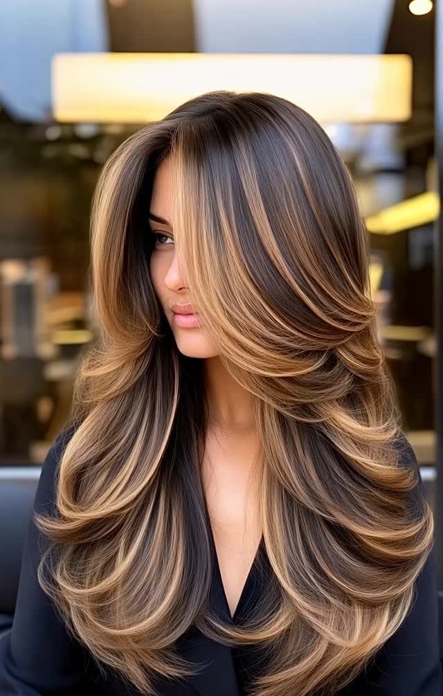 Woman with voluminous layered blowout hair in brown and blonde highlights.